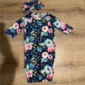 NEW wo tags Floral Baby Gown with Headband 0-3 Mo